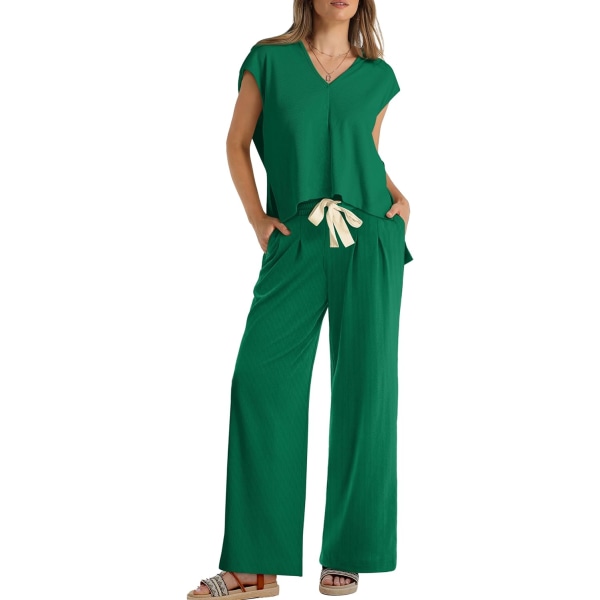 EFAN Loungeset för kvinnor Tvådelade outfits Huvtröja Toppar och byxor med vida ben Träningsoverall Sweatsuit 12-grön Medium
