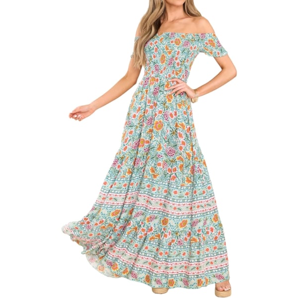 ivimos Dam sommar Maxi Off-Shoulder Klänningar Kortärmad Empire Midja Boho Casual Print Smocked Flowy Klänningar Grön Små