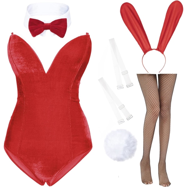 iNa Anime Damkläder Bunny Girl Kostym En Delig Body Halloween Cosplay Catsuit Bunny Pannband Strumpor Set Röd 3X-Large