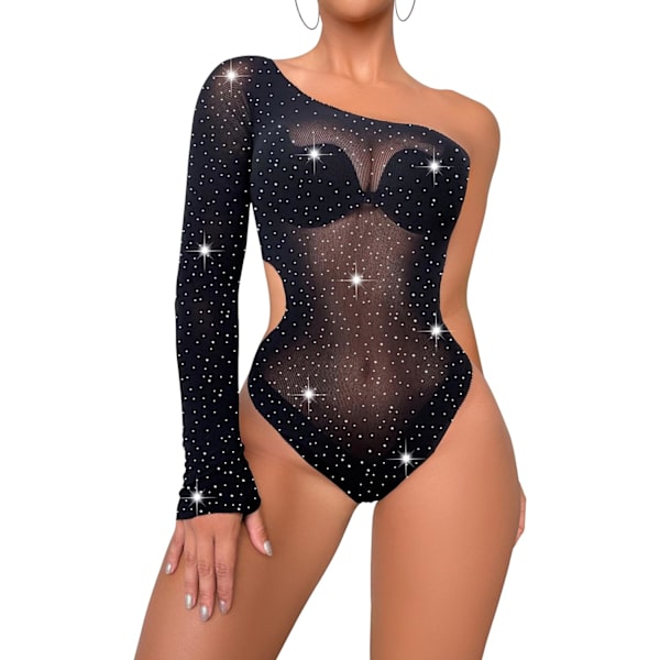 EXY Dam Lingerie Sexig Nätstrumpor Bodysuit Topp Sparkle Rhinestone Mesh Teddy Långärmad En Delad Off Shoulder Outfit Svart En Storlek