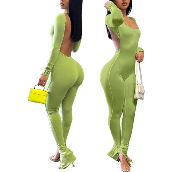 ycon Jumpsuits för kvinnor Sexiga rygglösa långärmade scoop-nack staplade delade outfits i ett stycke Ljusgrön X-Small