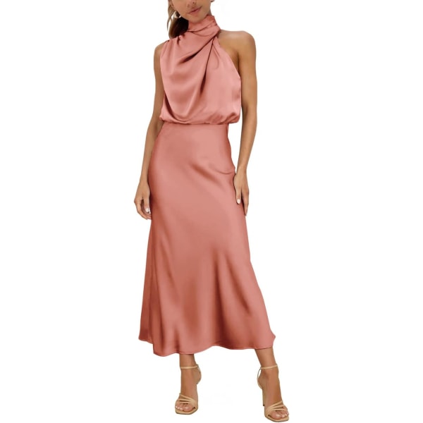 ER Dam Mock Neck Satin Elastisk Hög Midja Bröllop Gäst Kväll Cocktail Fest Elegant Formell Maxi Klänning Bakad Ros Medium