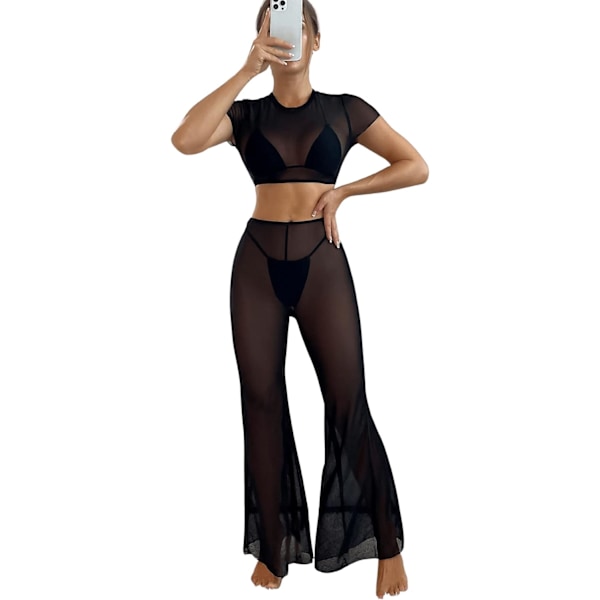 dusa Dam 2-delad genomskinlig mesh bikini-baddräkt set crop top och vida byxor svart stor