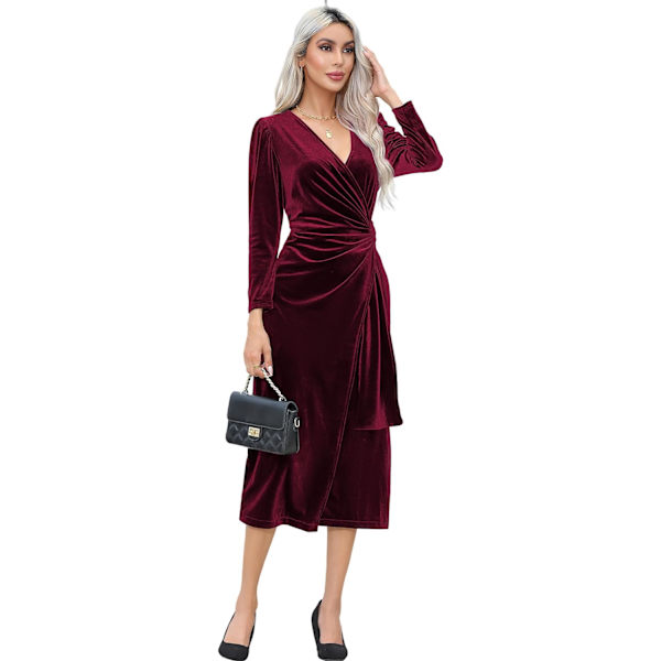 ivimos Dam Velvet V-ringad Wrap Klänning Höst Vinter Långärmad Midja Ruched Elastisk Elegant Midi Klänning Bourgogne Stor