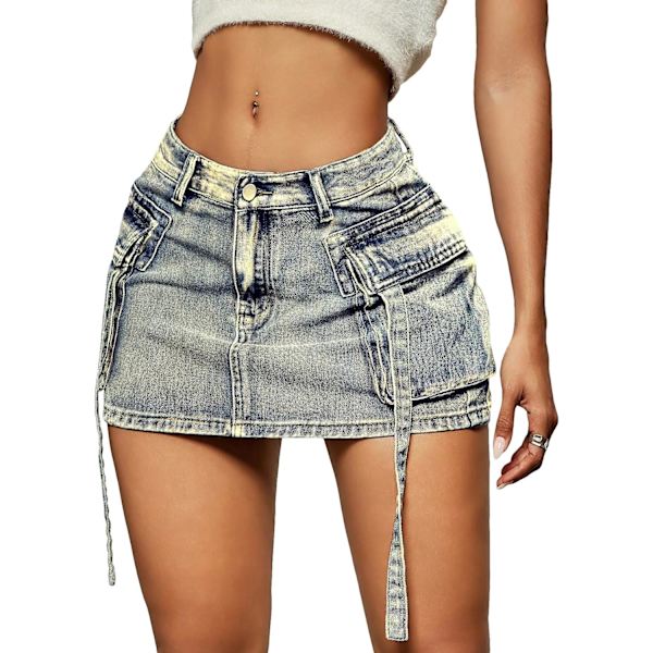 dusa Dam Casual Street Låg Midja Tejp Denim Cargo Minikjol med Flikficka Ljus Tvätt Blå Medium