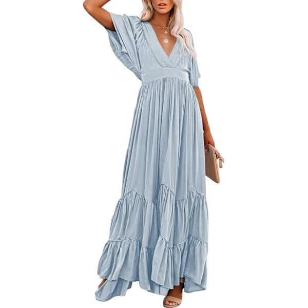 ENY Damklänning Sommar Bohemisk Klänning V-hals Fladdrande Ärm Gunga Fest Maxi Boho Klänning Blå Medium