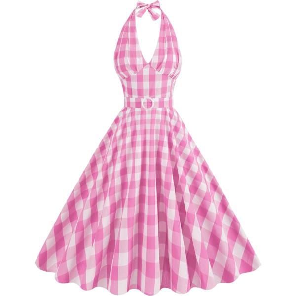 Vintage 1950-tals Rockabilly Polka Dots Audrey Hepburn Swing Tea Cap-Sleeve Dress Cocktail 50-tal 60-tal Födelsedagsfest Klänning Halter-rosa & W Liten