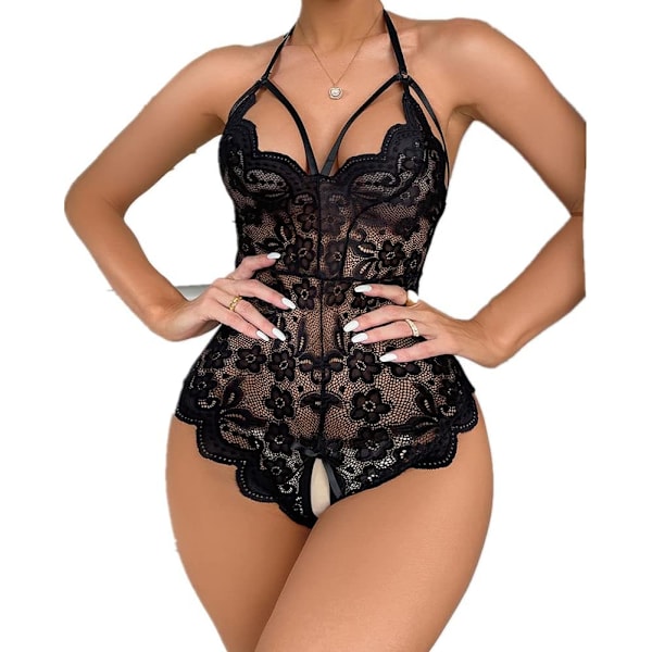 en's rygglös sexig underklädesrem Bodysuit Halter djup V-ringad Teddy Lace Babydoll Underkläder Nattkläder Svart Liten