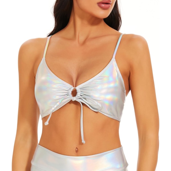 aderhom Dam Metallic Crop Top Blank Rave Tubbe BH Justerbar Tie-Front Bandeau Festival Toppar för Dans Kostymer Del Holografisk Sil Liten