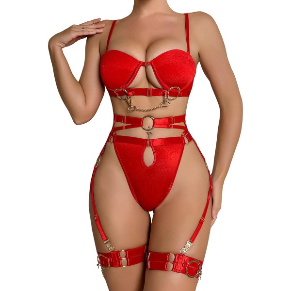 osy Sexig bygel söt genomskinlig Kawaii strumpeband bälte underkläder set behå och trosor 3 delar satin röd medium