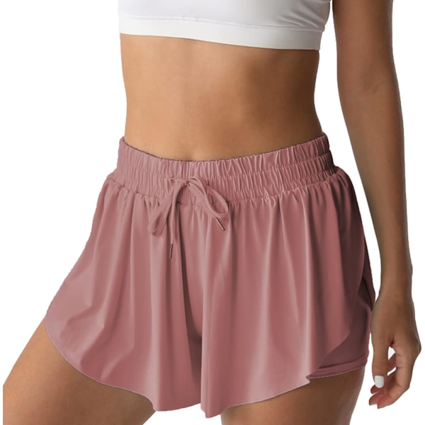 Sportsshorts för kvinnor löpning tennis fjärilsshorts flickor 2-i-1 dubbla lager snabbtorkande bekväma shorts mörkrosa X-Large