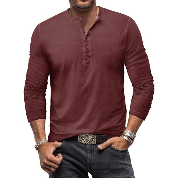 lima Herr Vintage Henley Skjortor Långärmad Blus Toppar Bomull Knapp T-shirts