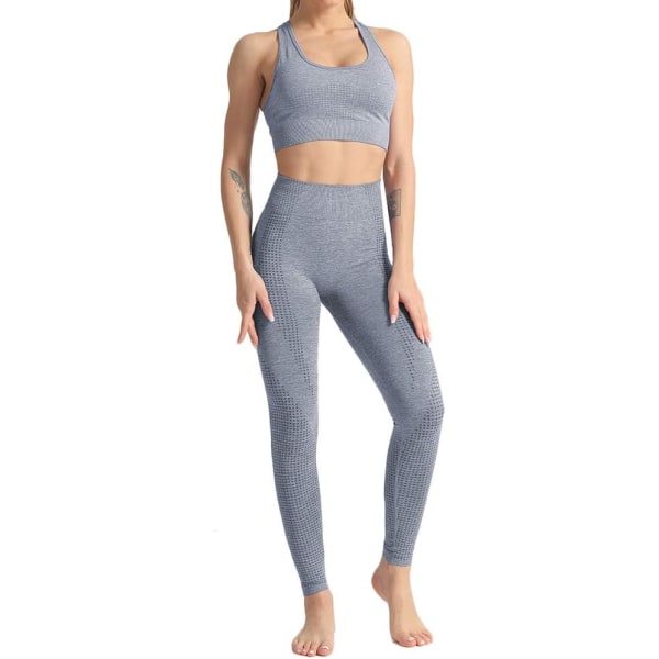 oWei Kvinnor 2-delade träningskläder Sport-BH Sömlösa Leggings Yoga Gym Activewear Set Grå-blå Medium