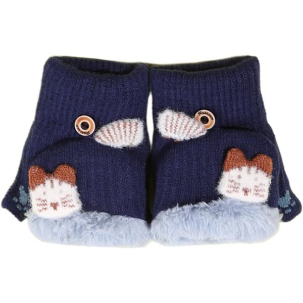 s Toddlers Söta Ren Fleecefodrade Vantar Konvertibla Flip Top Fingerlösa Vantar för Pojkar Flickor Mörkblå Katt