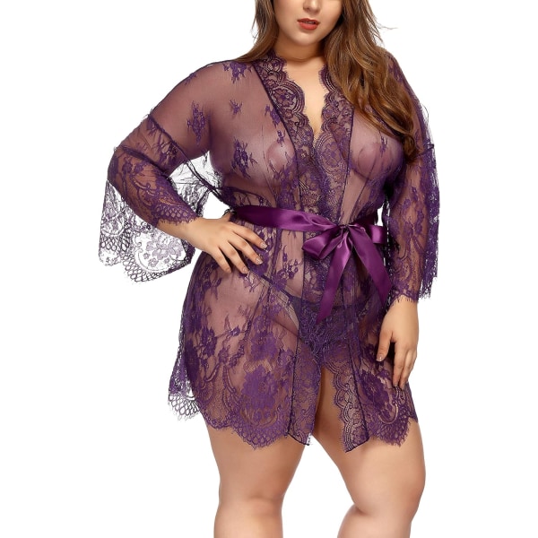 Damunderkläder Spets Plus Size Kimono Robe Mesh Nattlinne Klänning Sets Lila X-Large