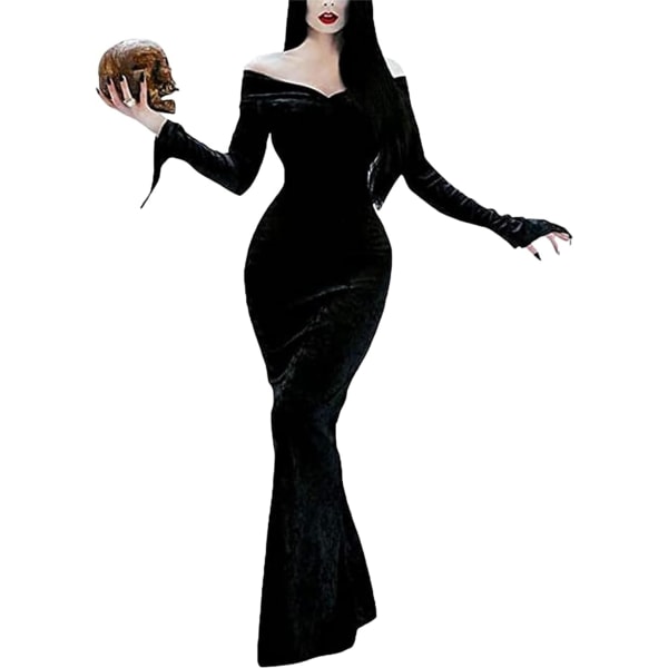 OLG Addams Familjekostymer för Halloween Sexig Off Shoulder Vampyr Gothic Dam Klänning Svart Liten