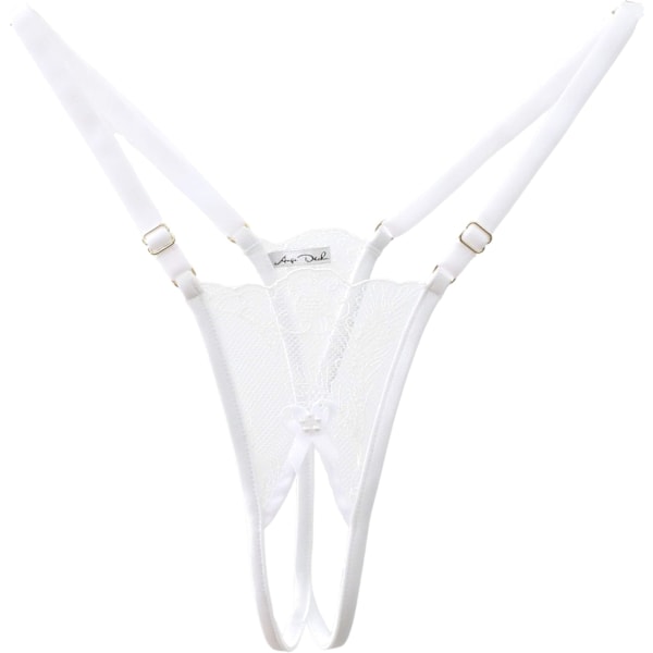 E DÉCHU Dam genomskinlig spetslingerie i vitt med helt justerbar pantie g-string handgjord  Small