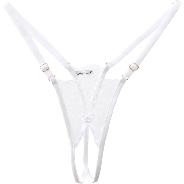 E DÉCHU Kvinnliga genomskinliga underkläder i vit spets helt justerbar trosa g-sträng handgjorda Large