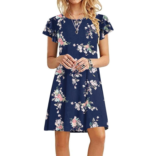 MOON Dam Mini-klänningar Sommarklänningar Casual Ruffle Korta Ärmar Söta Rund Hals Flowy Klänning med Ficka Rosa Blommig Nav XX-Large