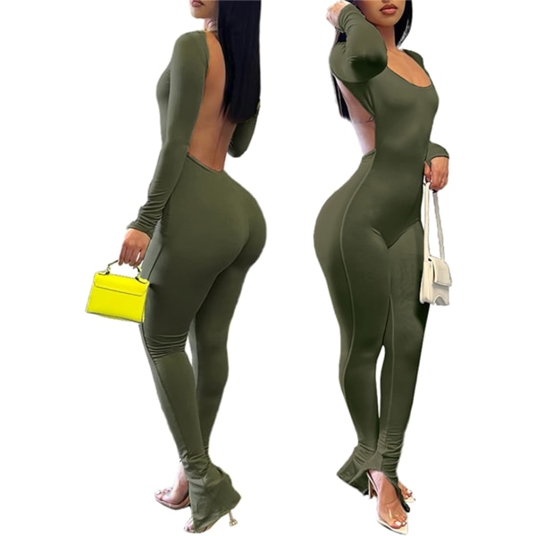 ycon Jumpsuits för kvinnor Sexiga rygglösa långärmade scoop-nack staplade delade outfits i ett stycke Amry Green X-Small
