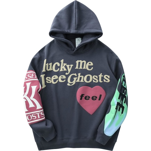 Z Lucky Me I See Ghosts Hoodie Hip Hop Hooded Grå Large-X-Large