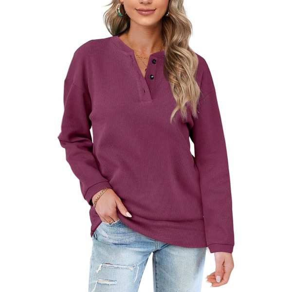 EFAN Dam Casual Sweatshirts Henley Button Up Långärmad Tunika Toppar 01-deeppurple Large