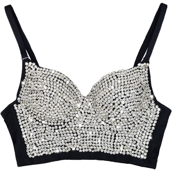 ACCI Dam Rhinestone Diamond Push up Bustier Crop Top Sexy Punk Korsett BH Svart  Liten
