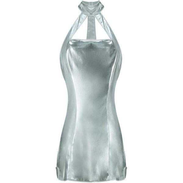 NEOMN Vanessa Kensington Kostym Silver Klänning Kvinnor Metallic Klänningar Halterneck Ärmar Miniklänning för Halloween Fest Silver Klänning X-Large
