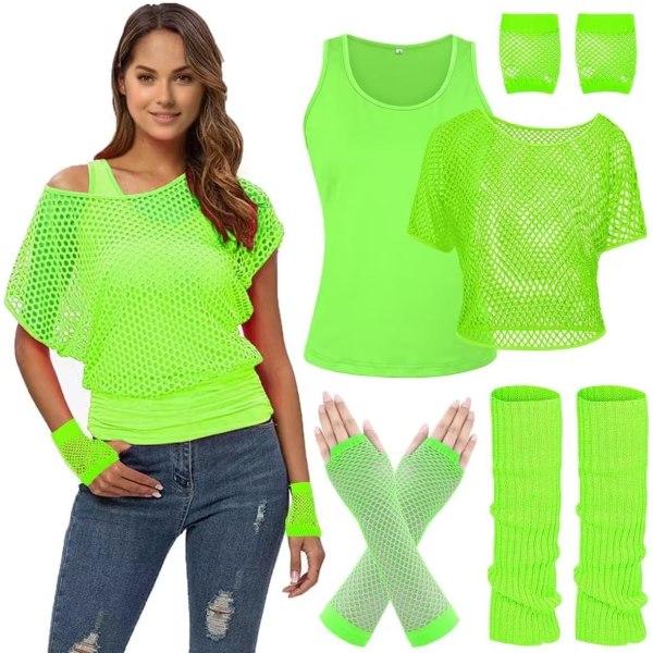 DPARTY Kvinnor Casual Sexiga 80-talskostymer Fishnet Neon Off Shoulder T-shirt Två delar, Fishnet Handskar, Benvärmare Grön X-Large