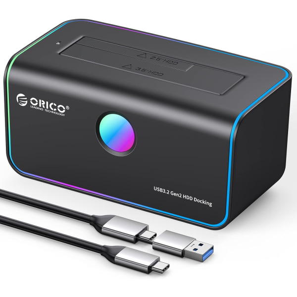 RGB-hårddiskdockningsstation USB 3.2 Gen 2 till SATA 3.0 Dock Reader för 2,5 eller 3,5 tums HDD [Type-C och Type-A-port], UASP 18 TB-stöd, svart (8818C3) 1 Bay Type C