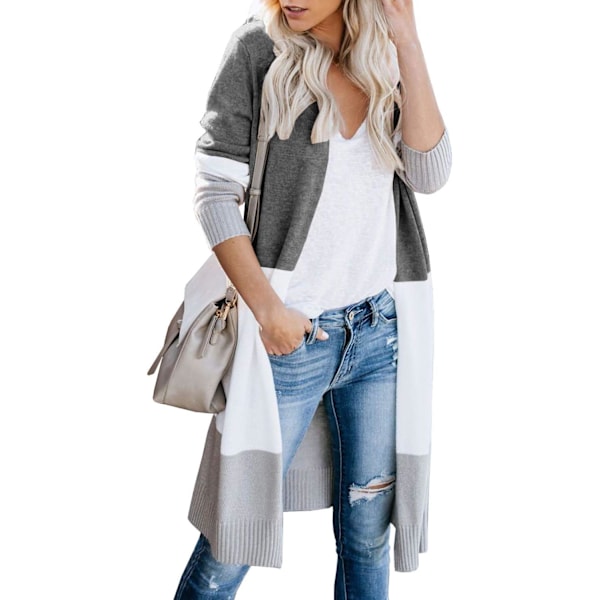 ens Färgblock Randig Cardigan Långärmad Öppen Framtill Stickad Tröja Cardigan med Fickor Grå X-Large