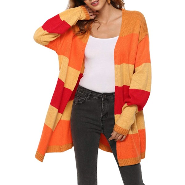 ens Färgblock Randig Cardigan Långärmad Öppen Framtill Stickad Tröja Cardigan med Ficka Flerfärgad X-Large