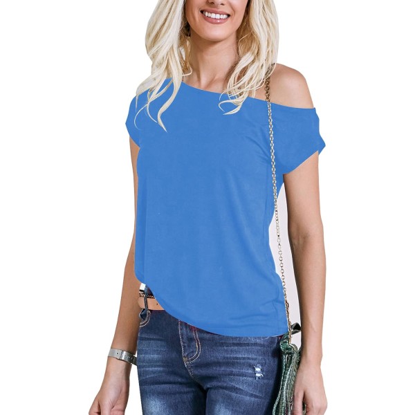 oco 80-tals off Shoulder-tröjor för damer Kortärmad Casual Loose Fit Blus T-shirt Koboltblå Medium
