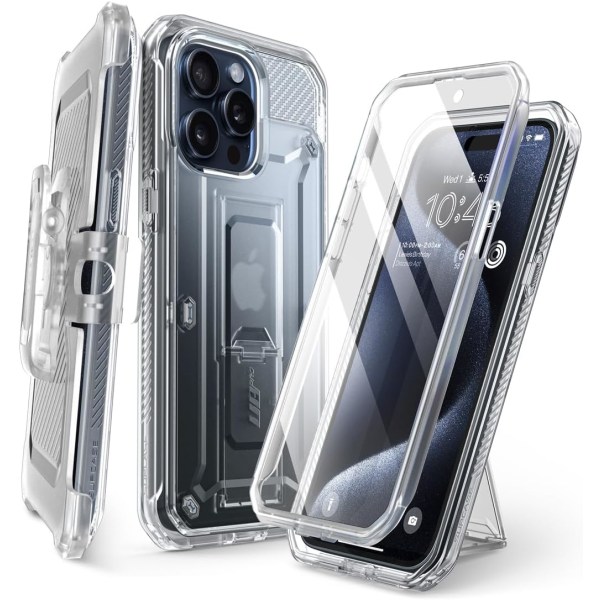CASE Unicorn Beetle Pro Case för iPhone 15 Pro 6.1", Inbyggt skärmskydd & Stativ & Bältesklämma Heavy Duty Rugged Clear