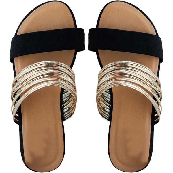 dusa Dam Metallic Strappy Platta Sandaler Sommar Slide Sandaler Casual Skor Guld Svart 8.5