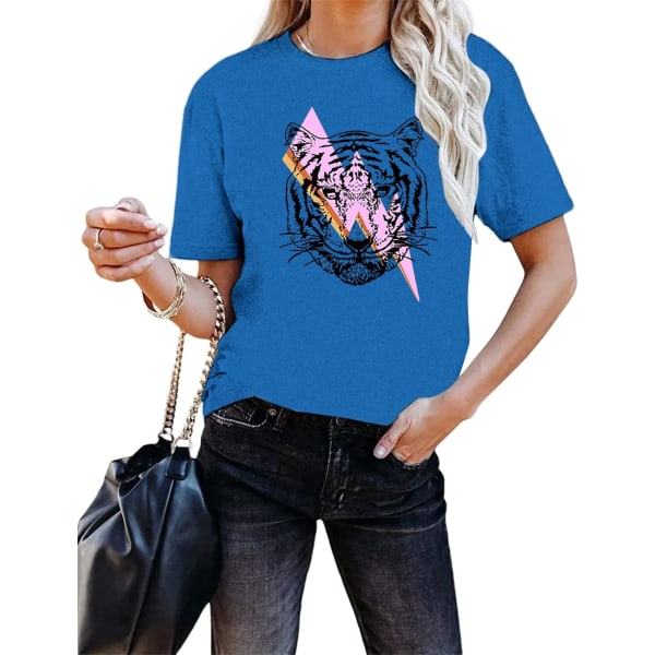 oco 80-tals off Shoulder-tröjor för damer Kortärmad Casual Loose Fit Blus T-shirt Tiger Blå Stor