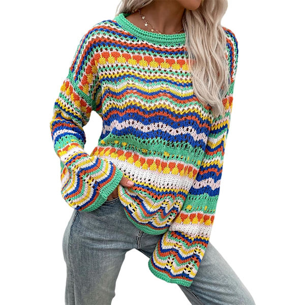 ivimos Dam höst vinter långärmad randig ihålig tröja pullover casual lös stickad tröja topp multi-grön liten