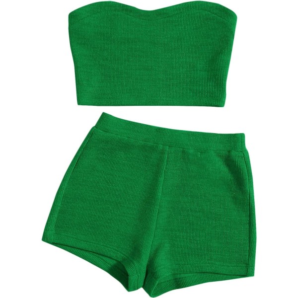 dusa dam 2-delad outfit Ribbad Crop Bandeau Tube Top och Biker Track Shorts Set Grön Stor