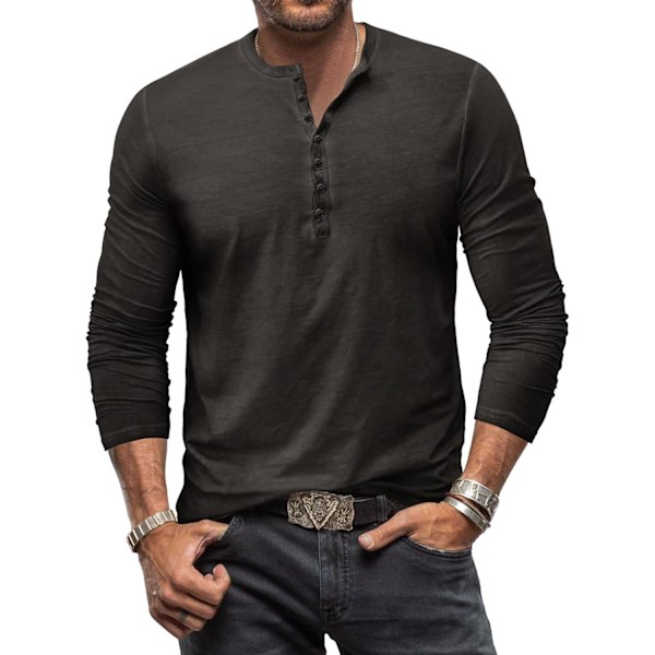 Herr Vintage Långärmad Henley T-shirt Bomullsknappar Toppar Casual Basic Henley Skjortor