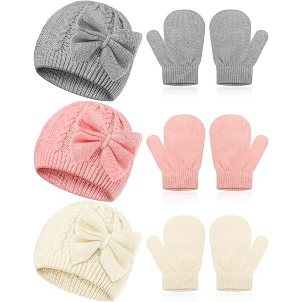 3 Set Barn Bebis Småbarn Vinter Mössor och Vantar Set Klassisk Varm Stickad Mössa Handskar Båge för Pojkar och Flickor 0-6Y