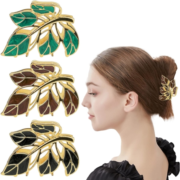 cs Metallhårklämmor Blad Hårklämma Blomma Hårklämma Spännen Geometriska Hårklämmor Grepp Hårtillbehör för Wo Brun + Grön +