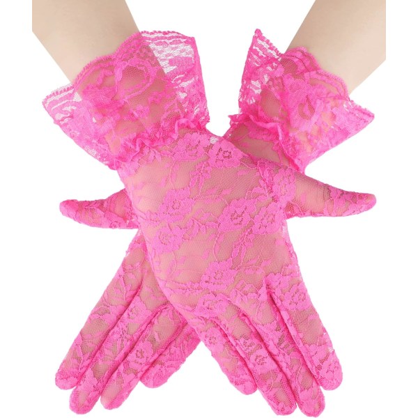 INIOR Lady Lace Floral Handskar Elegant Korta Spets Handskar Sommarhandskar för Bröllop Halloween Cosplay Fest Rosa Röd