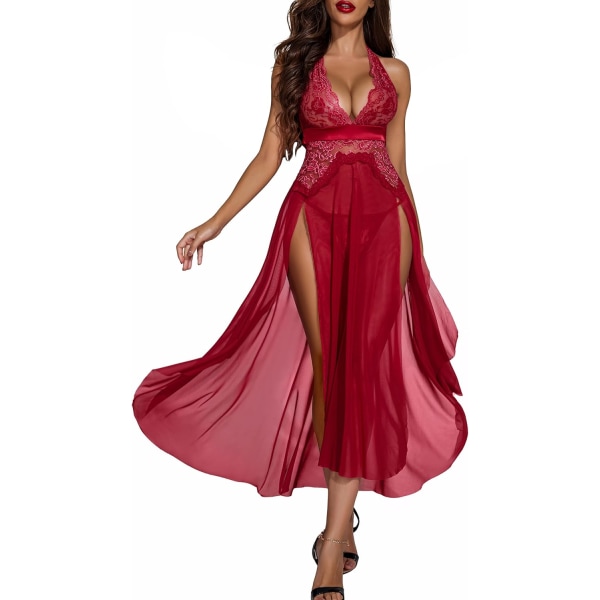 dlove Damkläder Lingerie Djup V-ringning Nattkläder En Delig Sexig Nattlinnen Mosaik Spets Mesh Klänning Mörk Röd X-Large