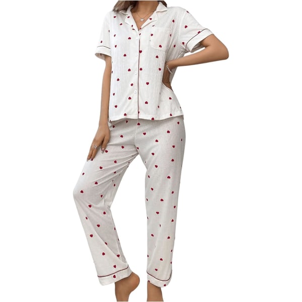 dusa 2-delads printed pyjamasset för damer Sovkläder Knäppningsskjorta med byxor Hjärta Vit X-Large