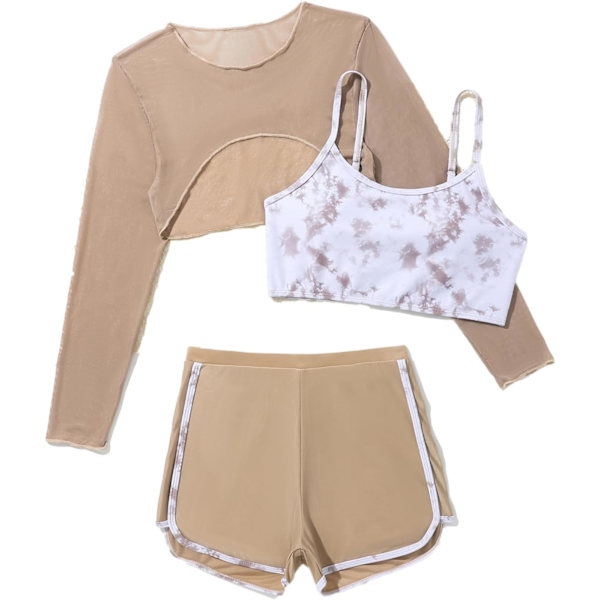 dusa Flickors 3-delad Tie Dye Baddräkt Baddräkter Bikini och Shorts med Cover Up Khaki a 11 år