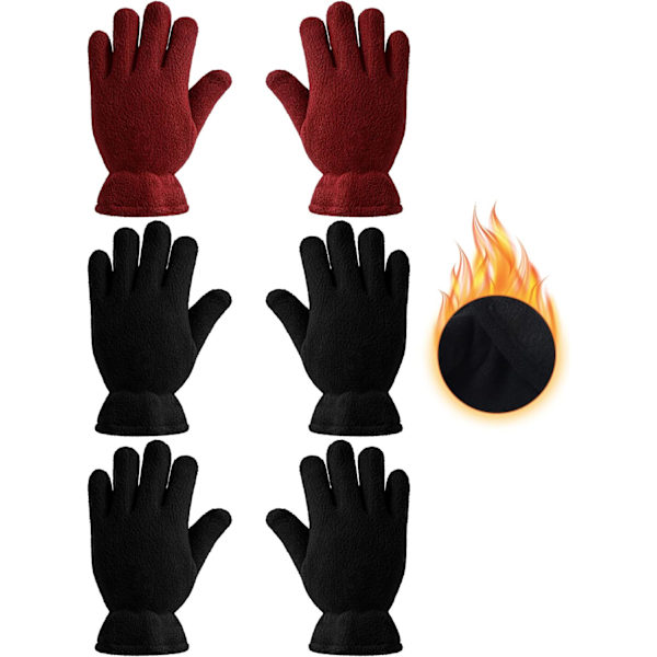 INIOR 3 par barn fleece vinterhandskar varma full fingerhandskar för pojkar flickor barn snö utomhusaktiviteter Suppli svart, vinrött 5-8 år