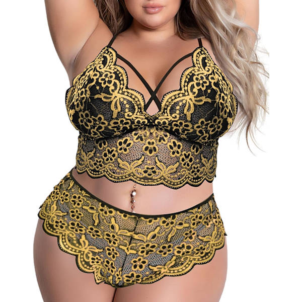 a Lust Plus Size Sexig Underkläder V-Ringning Hög Midja Blomspets Criss Cross BH och Trosa 2 Delar Set Ingen Bygel Guld 4X-Large
