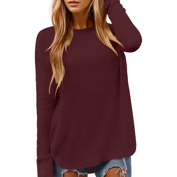 MOON Dam Crewneck Långärmad Stickad Tröja Lös Passform Mjuk Solid Pullover Bourgogne Medium