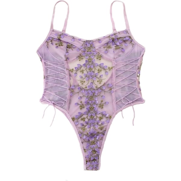 osy Kvinnor Sexig Spets Upp Blommig Broderad Teddy Lingerie Bodysuit Topp Mesh Sheer One Piece Lavendel Lila Liten