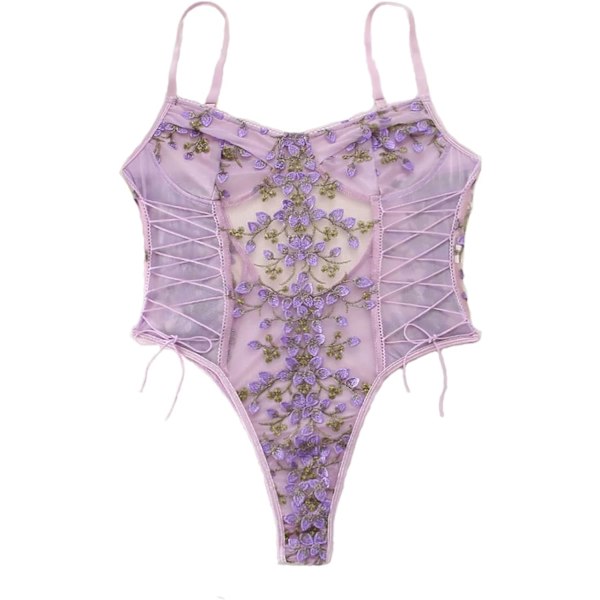 osy Kvinnor Sexig Spets Upp Blommig Broderad Teddy Lingerie Bodysuit Topp Mesh Sheer One Piece Lavendel Lila X-Small
